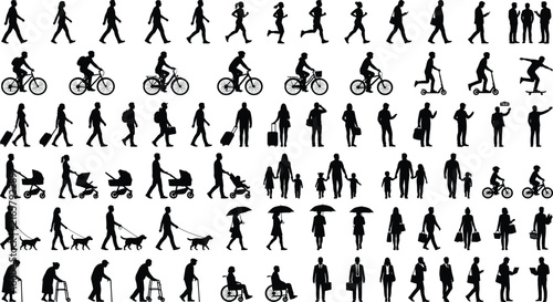 Crowd of people silhouettes set, diverse pedestrian walking and cycling figures, black human shapes for architectural visualization and urban planning