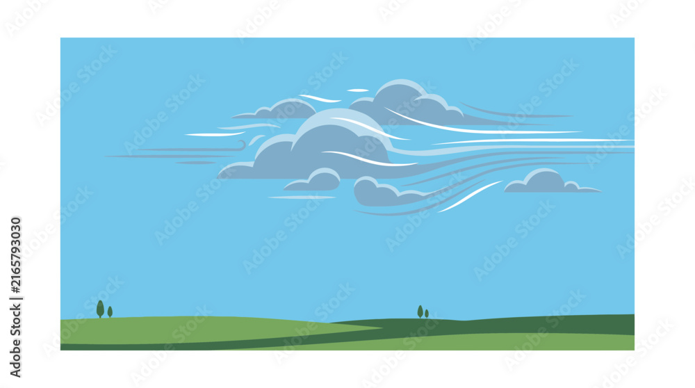 Fototapeta premium Minimalist Vector Landscape With Clouds Over Green Field