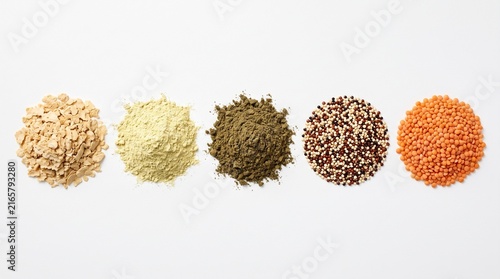 Comparison of diverse plant-based protein powders and natural nutritional supplement sources on a white background