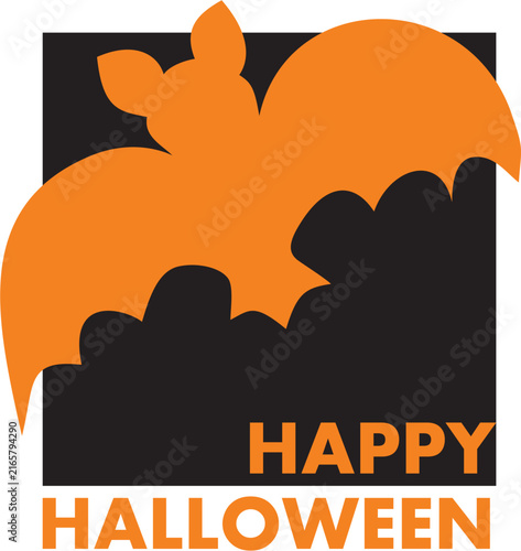 Modern Orange Bat Silhouette Happy Halloween Graphic vector Illustration on Black Square Background for Festive Cards, Invitations, and Web Media

