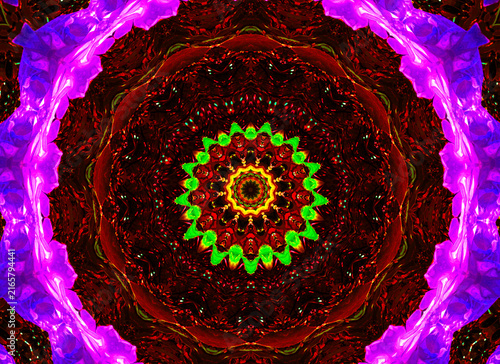 Konstfotografi The image features a symmetrical kaleidoscopic design with vibrant colors radiating from a central point