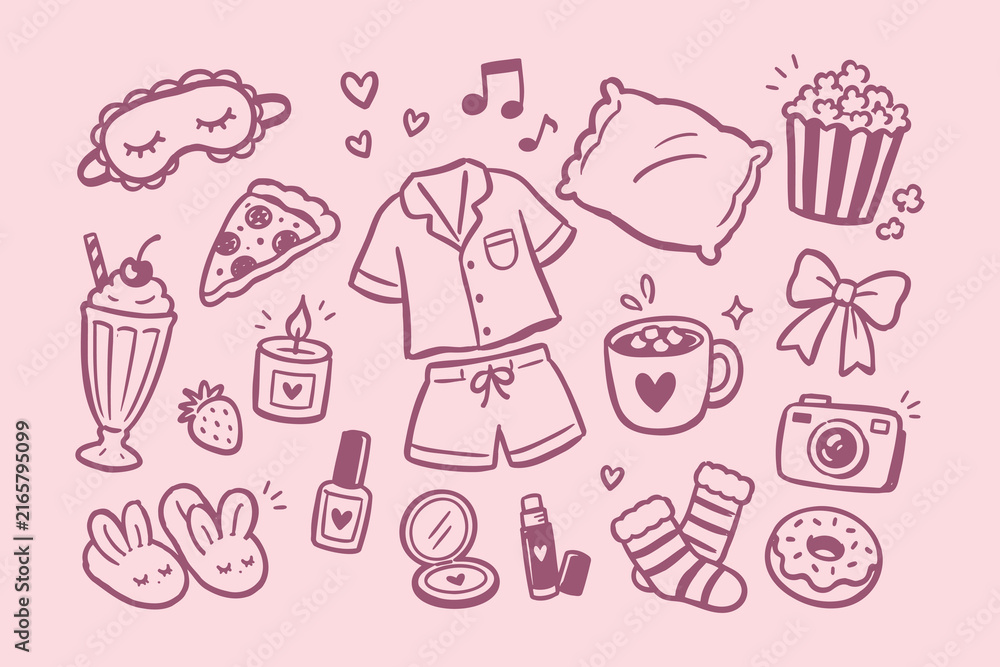 Naklejka premium Sleepover Essentials Doodle Set Vector Illustration