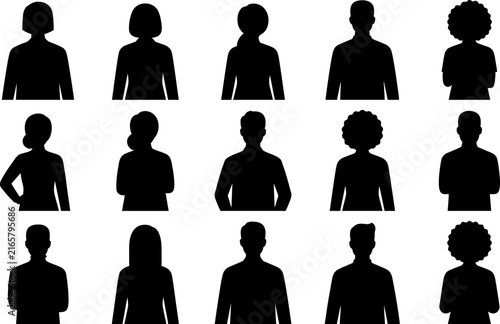 Set of diverse people silhouettes representing various hairstyles and headshots for professional avatar profile icons
