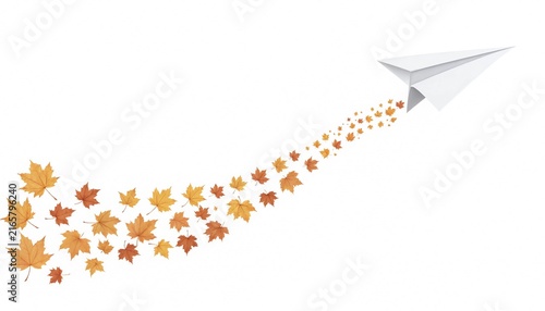 Paper airplane trailing autumn leaves swirl illustration white background