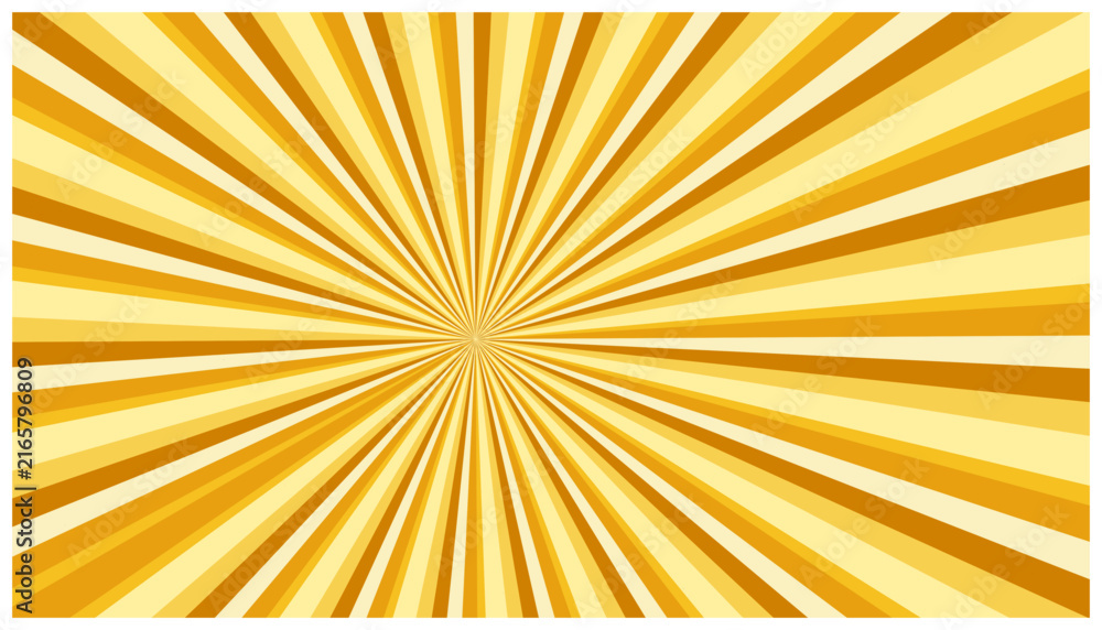 Fototapeta premium Yellow and gold sunburst background with radial stripes radiating from center.