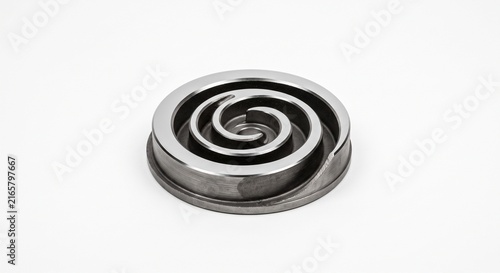 Macro of cast iron scroll compressor orbiting involute. Precision machined spiral wall with flat mating surface for industrial HVAC pumping systems. Isolated on white.