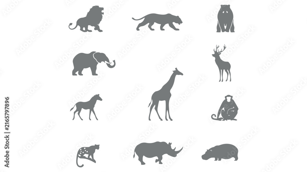 Fototapeta premium Wild animal silhouettes including lion, elephant, giraffe, rhino on white.