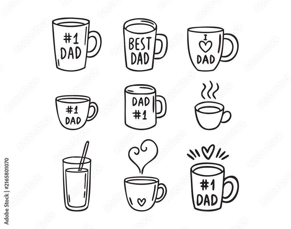 Obraz premium Mug set for fathers day Dad number 1 I love Dad Best Dad, hand drawn doodle line art monochrome hand drawn