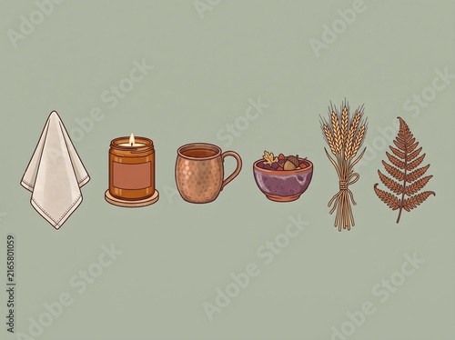 Rustic hygge lifestyle icons, cozy autumn home decor set, warm aesthetic objects