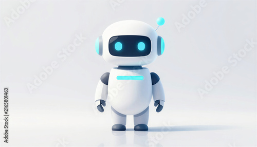 Cute cartoon robot character standing on a white background  