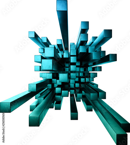 Abstract 3D Metallic Cyan Geometric Cube Extrusions Isolated on Transparent Background