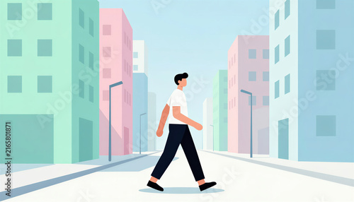 Young man walking in a colorful urban environment with buildings  