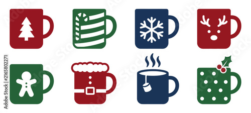 A collection of eight festive christmas themed coffee mugs featuring holiday icons like snowflakes reindeer gingerbread men and santa claus suit designs
