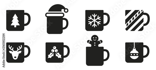 Set of eight black and white christmas mug icons featuring festive holiday designs like snowflakes reindeer gingerbread man and santa hat