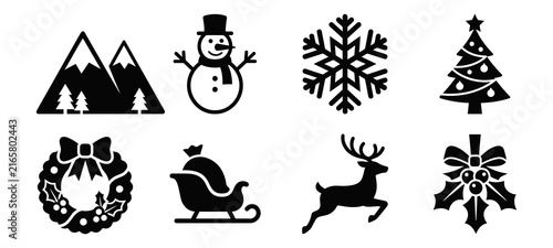 A collection of black silhouette icons representing traditional christmas and winter holiday symbols isolated on a clean white background for design projects