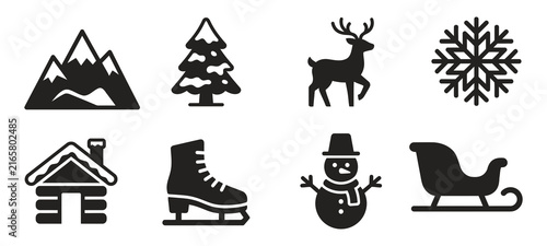 Set of black and white winter holiday icons featuring mountains trees deer snowflake cabin ice skate snowman and santa sleigh