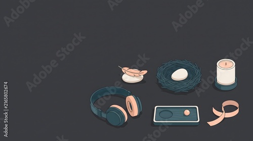 Minimalist lifestyle objects, modern headphones and candle, zen still life