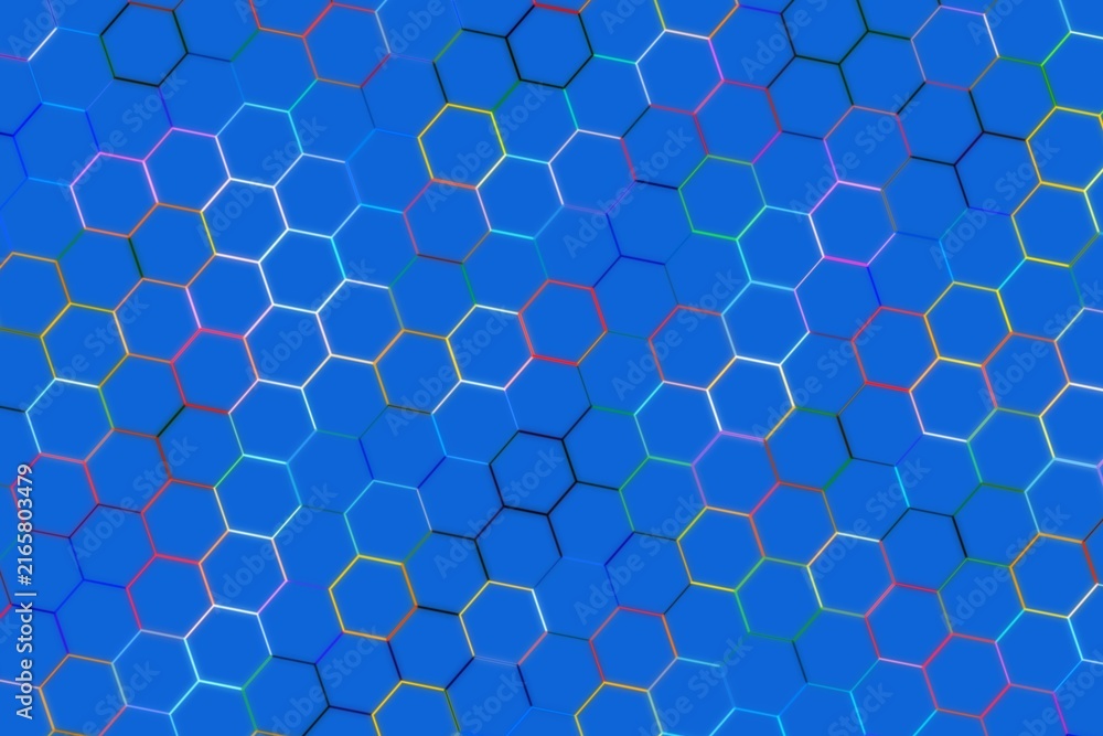 Abstract blue hexagon pattern with colorful outlines