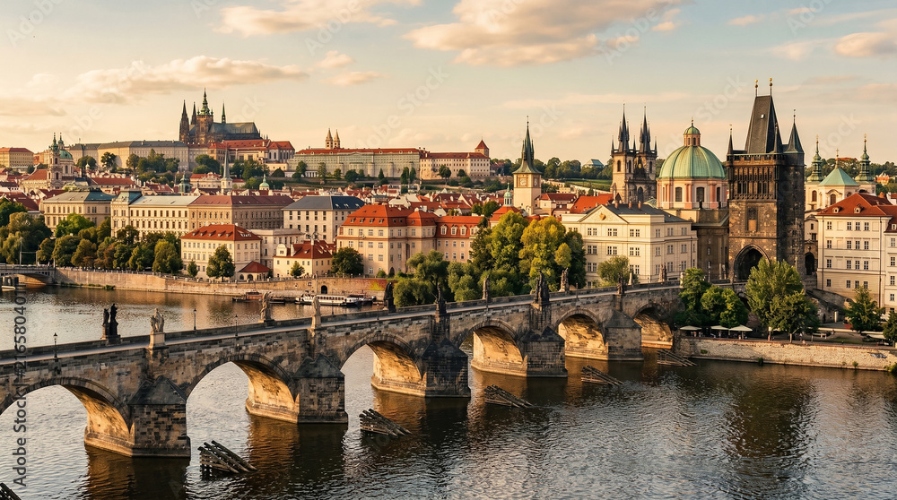 Fototapeta premium Aerial panoramic view of historic Bridge over River at golden hour, with Old Town Bridge Tower, red rooftops, and Castle and Cathedral in background, 