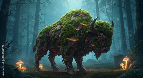 Mythical bison or buffalo covered in lush moss and glowing mushrooms, standing in an enchanted forest with luminous fungi on the ground.