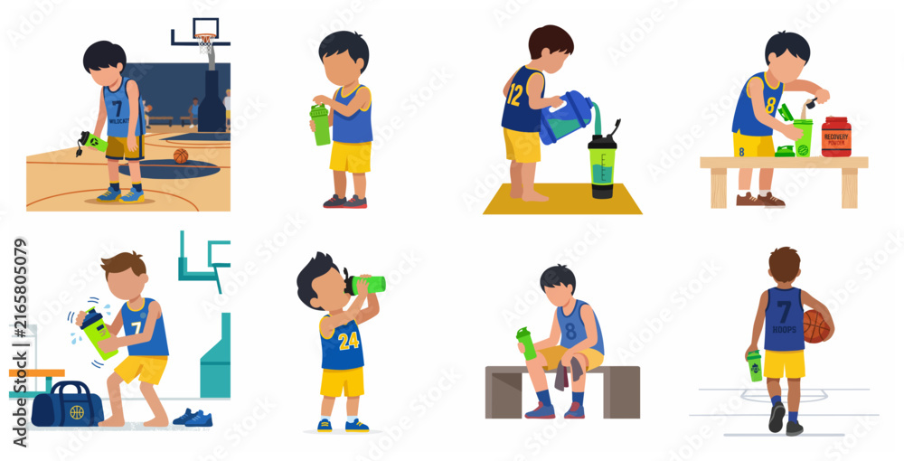 Fototapeta premium Vector Set of a Young Boy Basketball Player Preparing and Drinking Protein Shake for Sports Recovery and Hydration