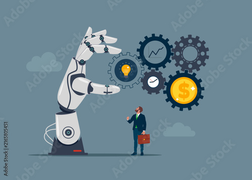 Robotic hand with gear system move. Optimize cost and expense for better profit strategy. Symbolizing advanced technology and AI interaction. Modern vector illustration in flat style