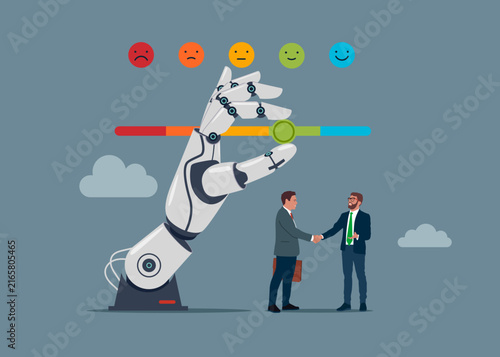 Robotic hand  pull the arrow to make bar to be excellent smile. Corporate customer feedback with two businessmen doing handshake. Customer feedback. Advanced technology and AI interaction.