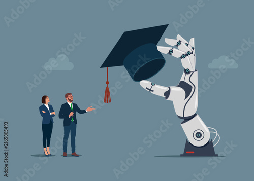 Robotic hand holding academic hat. Step forward winning target mortarboard degree. MBA. Education cost, expensive school or university cost, education gap or scholarship opportunity.  Vector