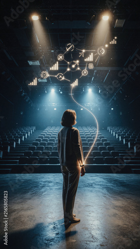 Person stands in an empty dark auditorium facing rows of seats while glowing digital diagrams float overhead. Bright spotlights create high contrast beams against the shadowy interior.