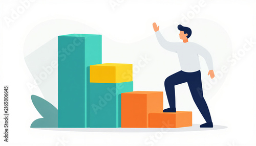 Businessman climbing graph bars in a modern flat style illustration  