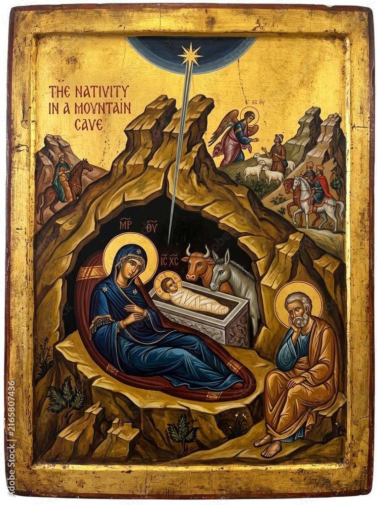 Fototapeta premium Orthodox icon of the nativity in a mountain cave with woman Virgin Mary and baby Jesus in manger and man Joseph. Christmas religious art and biblical birth of Christ for holiday celebration and faith