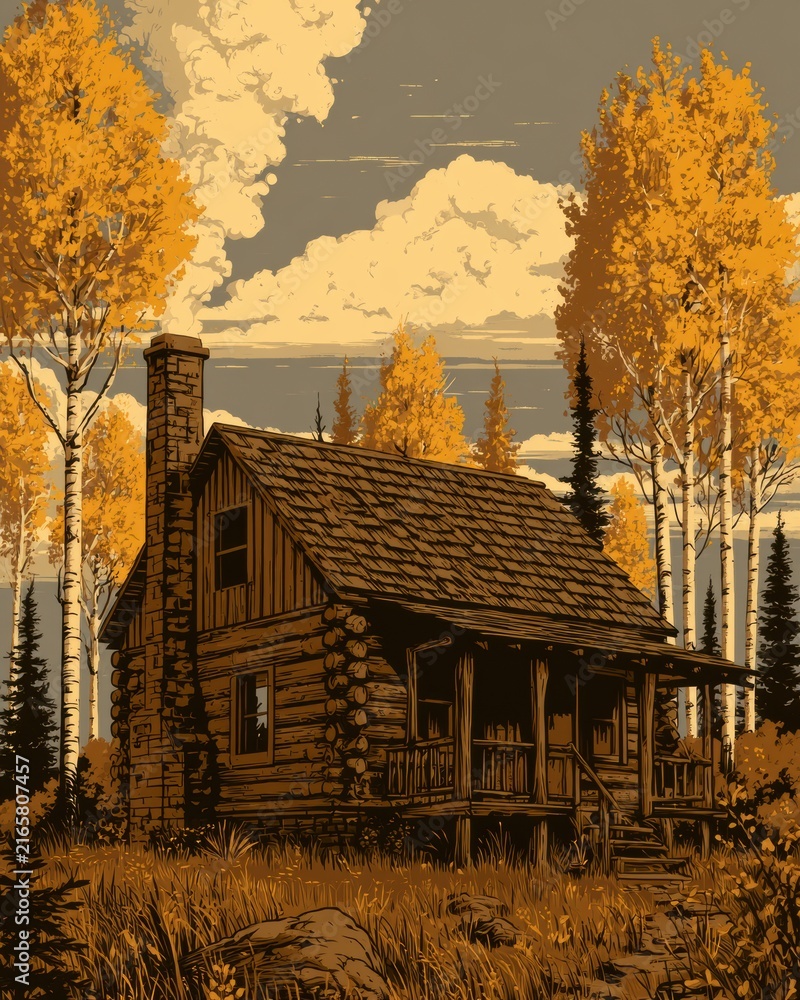 Fototapeta premium Cabin stands amidst autumn trees with smoke rising, showcasing the beauty of nature during fall. A nostalgic scene from the past.