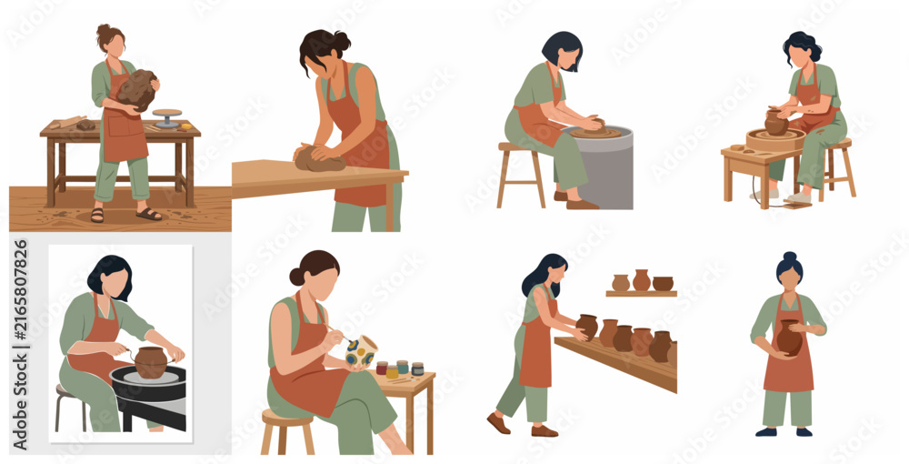 Fototapeta premium Woman Potter Character Set Engaged in Pottery Process and Ceramic Crafting Illustration