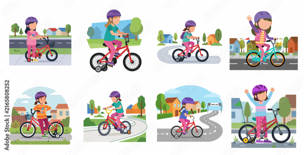 Naklejka premium Set of vector illustrations featuring a young girl in a purple helmet learning to ride and cycling on a bicycle in various neighborhood settings.