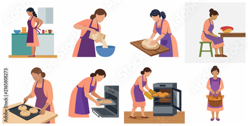 Set of flat vector illustrations depicting the step-by-step process of a woman baking homemade bread at home