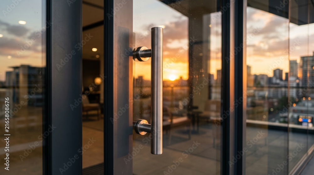 Fototapeta premium Modern glass sliding door with stainless steel handle reflecting sunset over city skyline. Luxury apartment balcony with contemporary architecture. Urban living and real estate investment concept