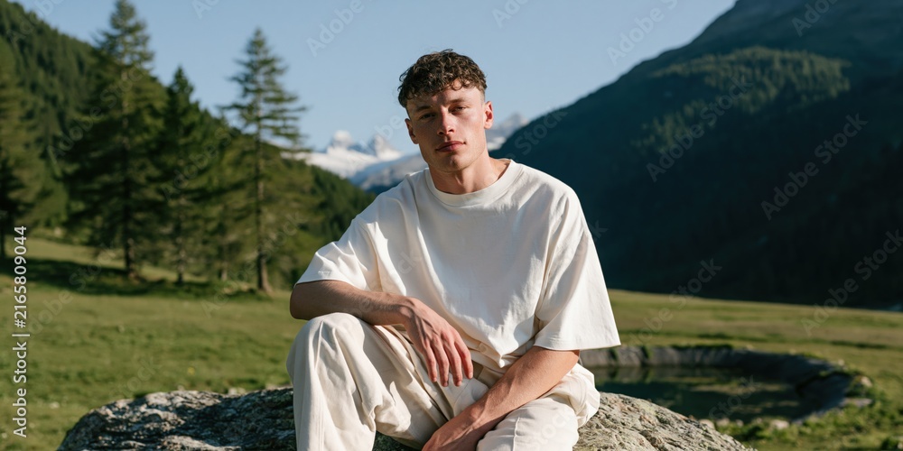 Fototapeta premium Young man sitting on a rock in an alpine meadow with mountains for outdoor portrait background and serene summer lifestyle design