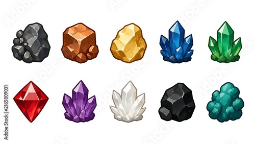 Examples of 10 minerals on a white background, in a game icon style.