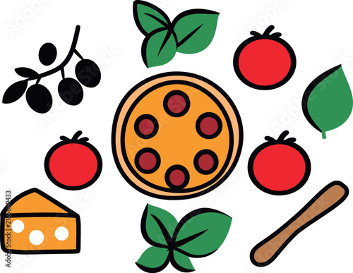 Pizza ingredients set including fresh tomatoes, basil leaves, olives, cheese, and pizza dough