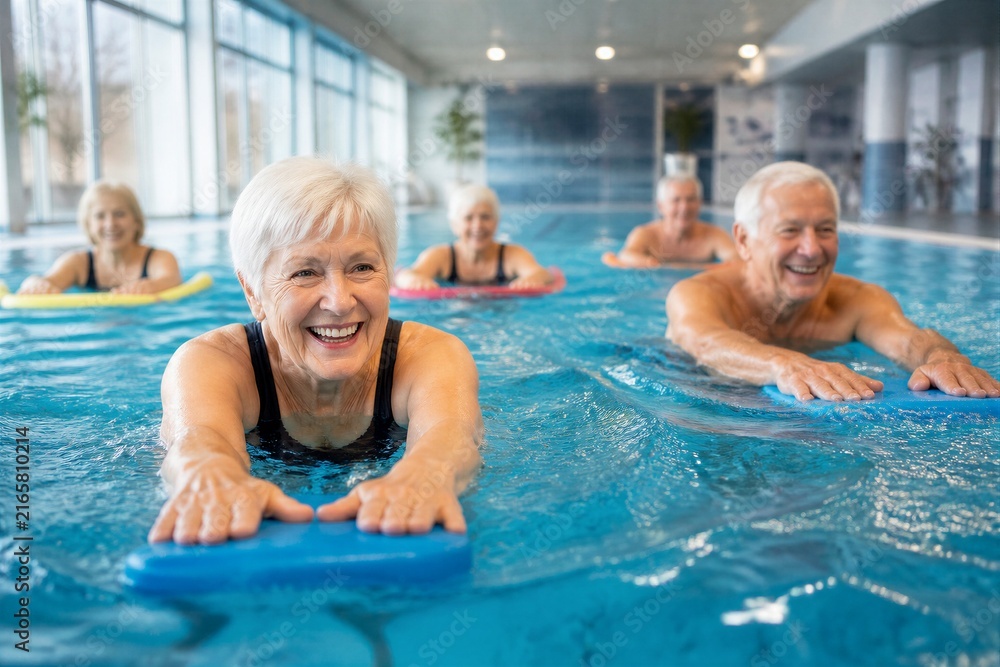 Fototapeta premium Happy seniors float in indoor pool, smiling broadly. They use colorful float boards for gentle aquatic exercise. Bright sunlight streams through large windows. Group enjoys water activity, bonding