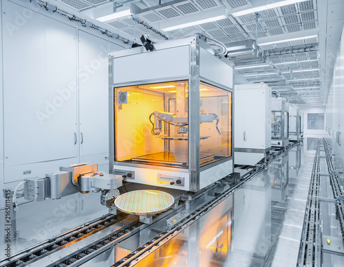 A hyper-realistic, wide-angle interior view of an advanced semiconductor manufacturing.