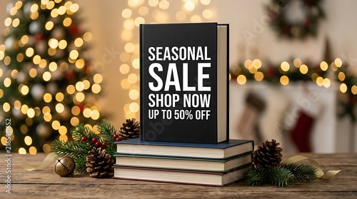 Stacked books with sale advertisement festive christmas season studio composition volume