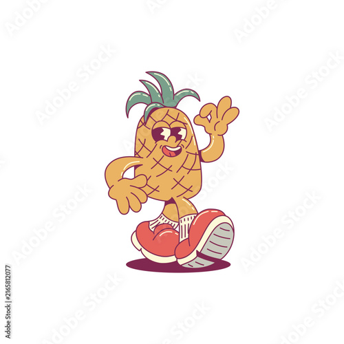 Cute Cartoon groovy pineapple summer Vector illustration