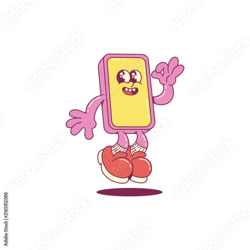 Cute Cartoon groovy handphone technology Vector illustration
