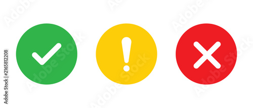 Green chek mark, red cross mark, exclamation point icon set. Isolated tick symbol, cheklist sign, approval signs collection. Vector illustration.