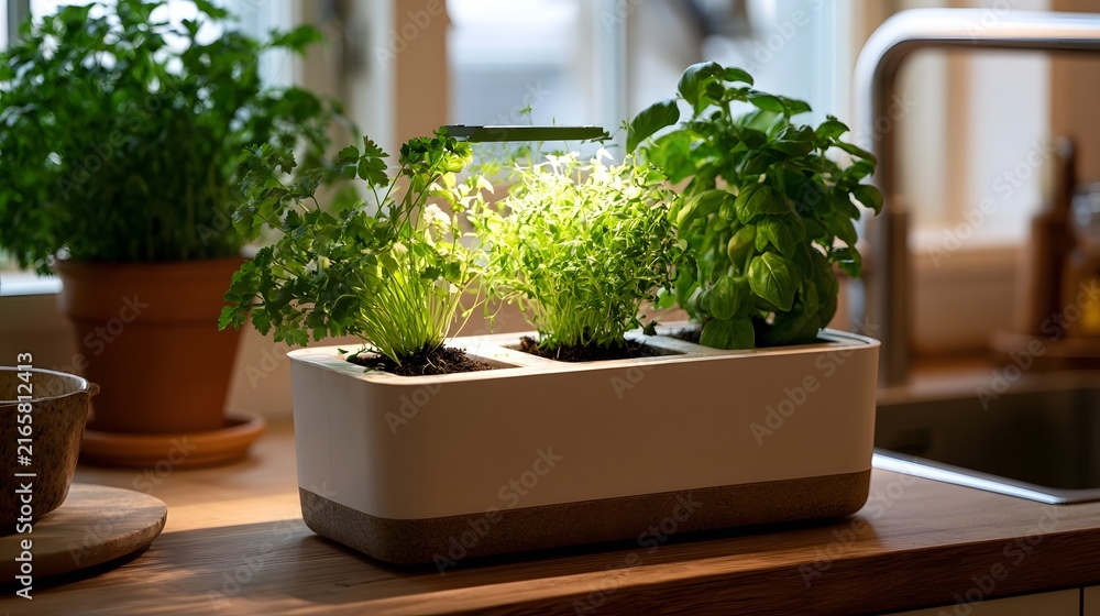 Fototapeta premium A modern indoor herb garden with three types of green plants growing in a rectangular planter on a wooden countertop near a window
