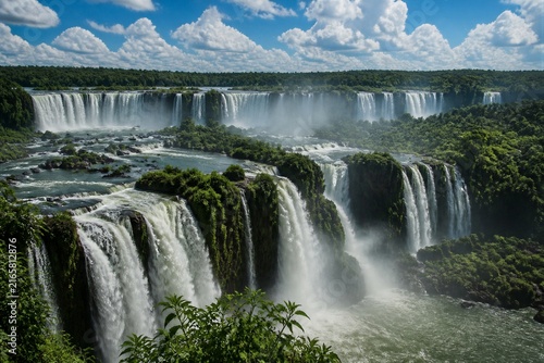 Massive waterfalls cascade over lush green cliffs. Mist rises as sunlight gleams through clouds above. Vast jungle frames the roaring, powerful currents. Nature's raw energy fills the scene with awe
