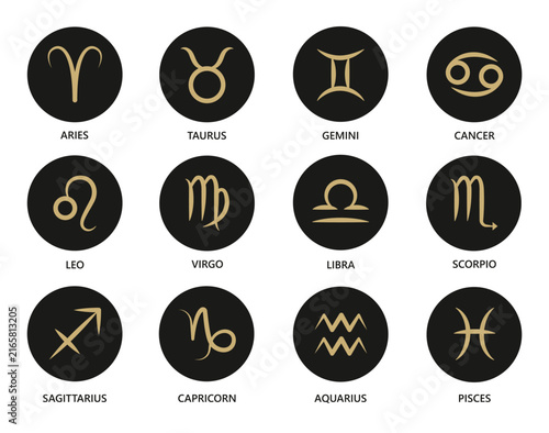 Golden Zodiac Signs in Black Circular Icons