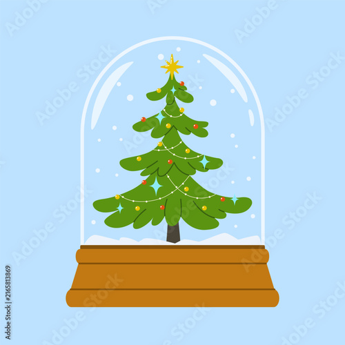 Charming vector illustration of a Christmas snow globe with a festive pine tree. A perfect seasonal decor element for winter holiday party invitations, social media, and merchandise