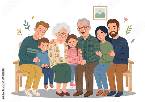 Canvas Print A joyful multigenerational family smiles together on a bench, capturing a cherished memory